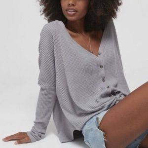 Urban Outfitters Out From Under Grey Jojo Waffle Knit Thermal Tie Front - tan